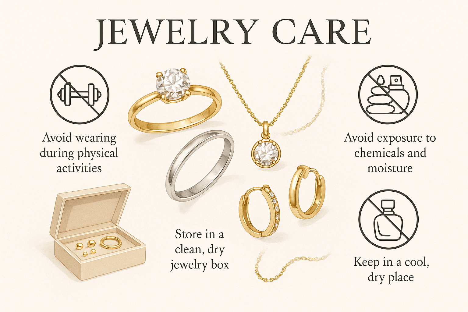 dont wear your jewellery during gym and spa, keep it dry places, keep away from perfume
