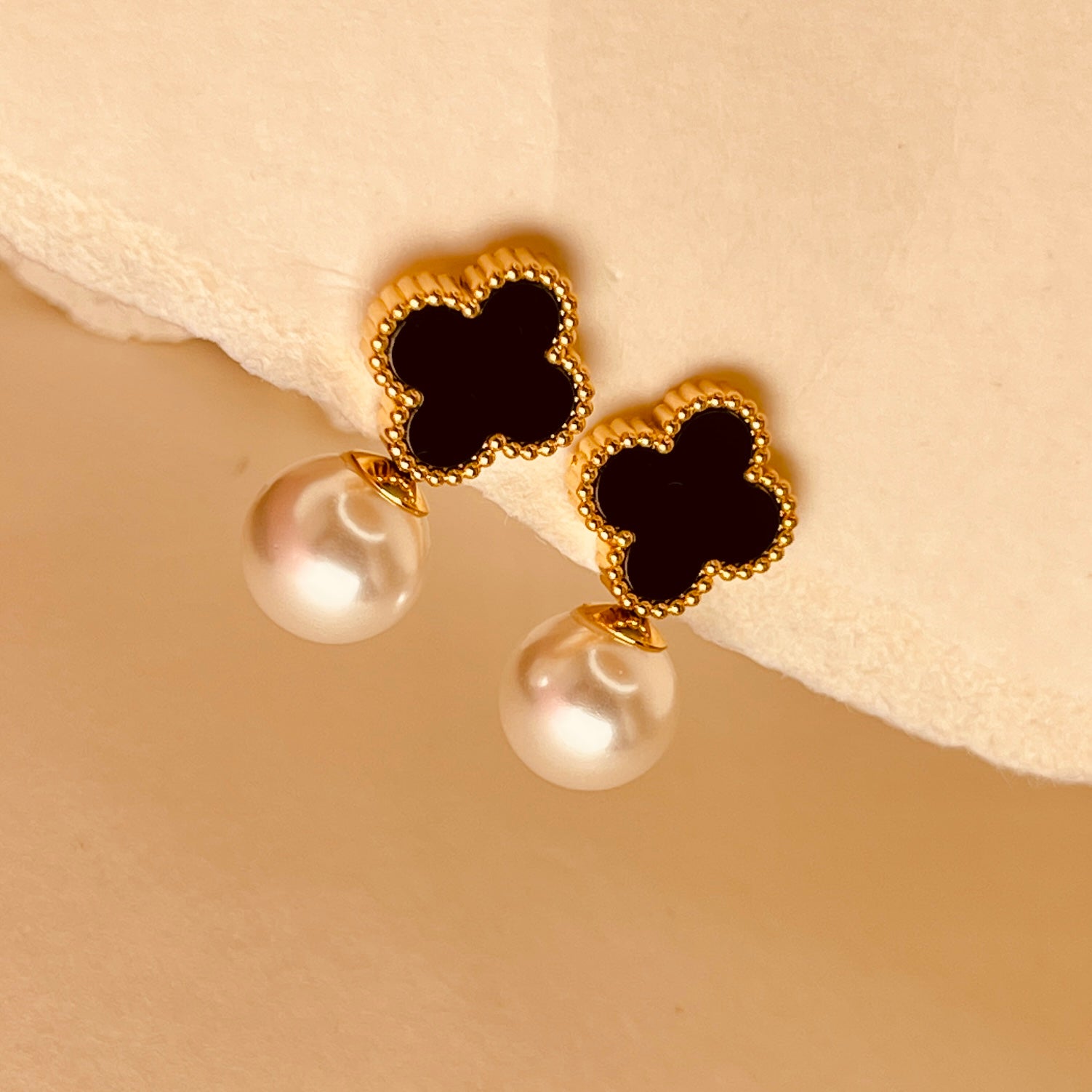 Mid Night Clover Pearl Luxe Hoops - Black