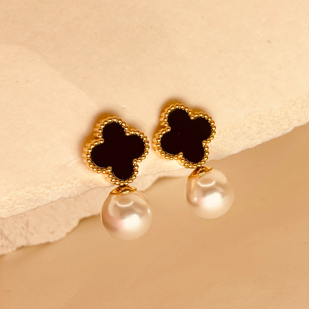 Mid Night Clover Pearl Luxe Hoops - Black
