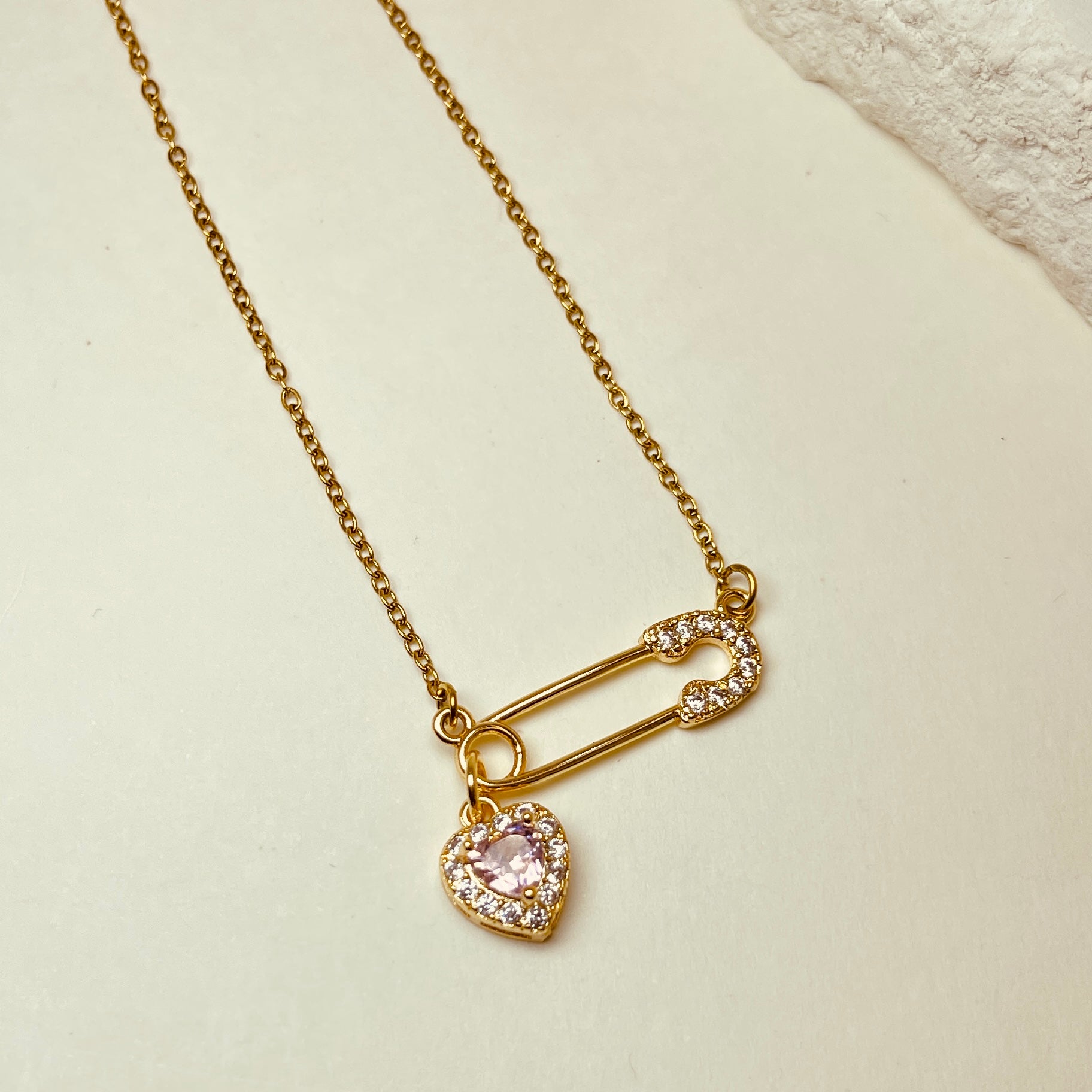 Safety Pin with Heart Charm Necklace