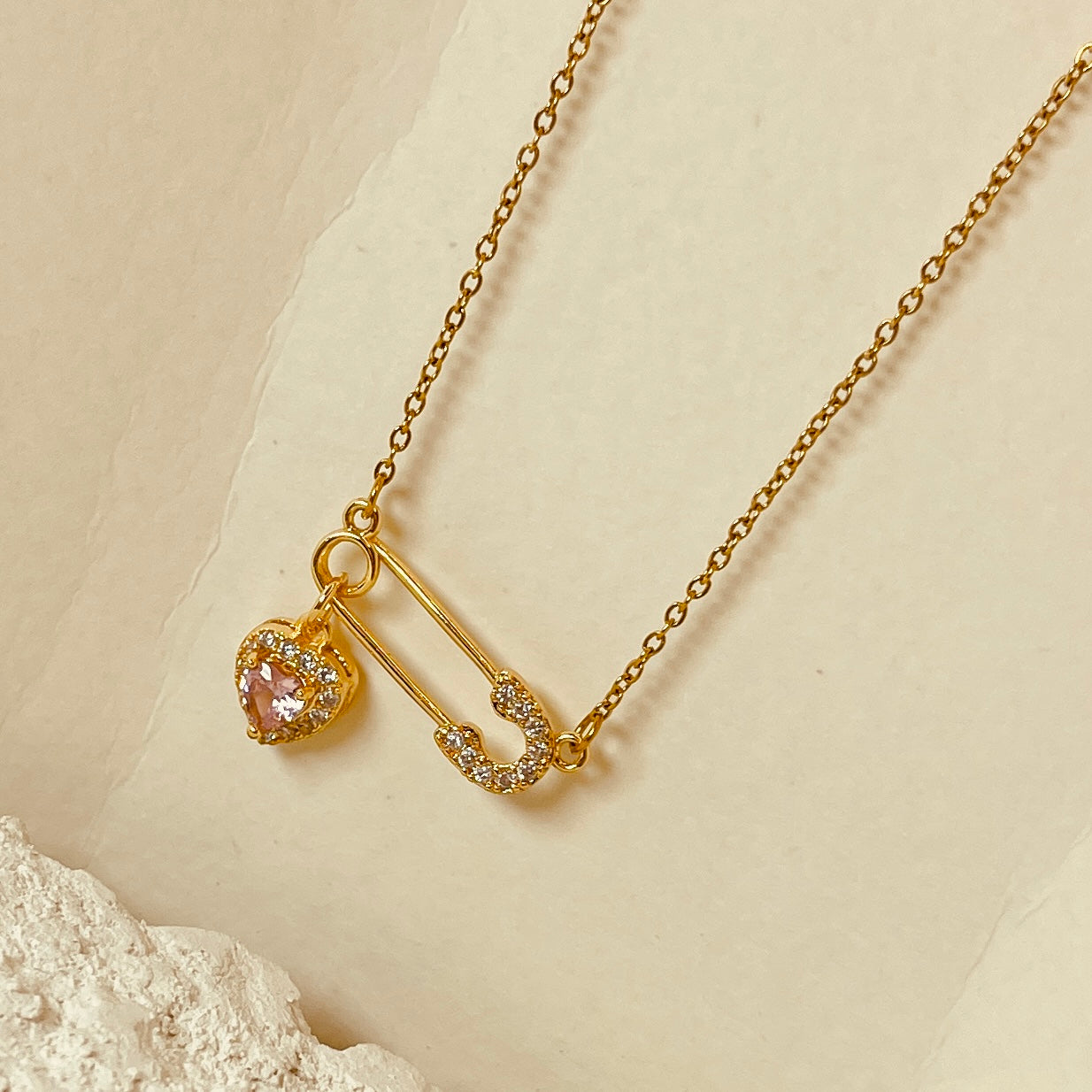 Safety Pin with Heart Charm Necklace