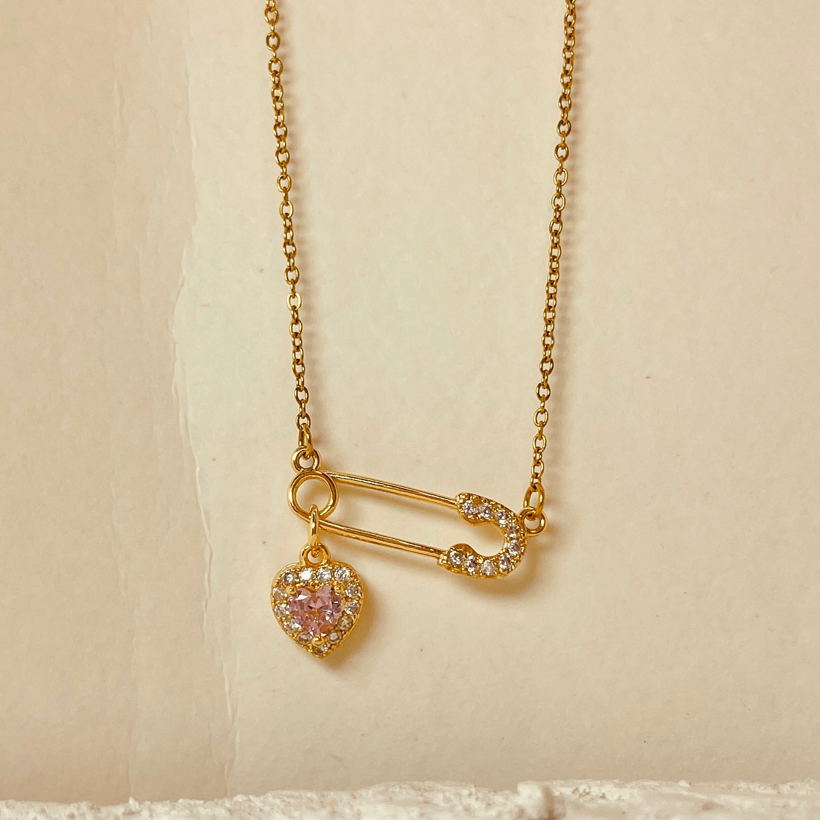 Safety Pin with Heart Charm Necklace